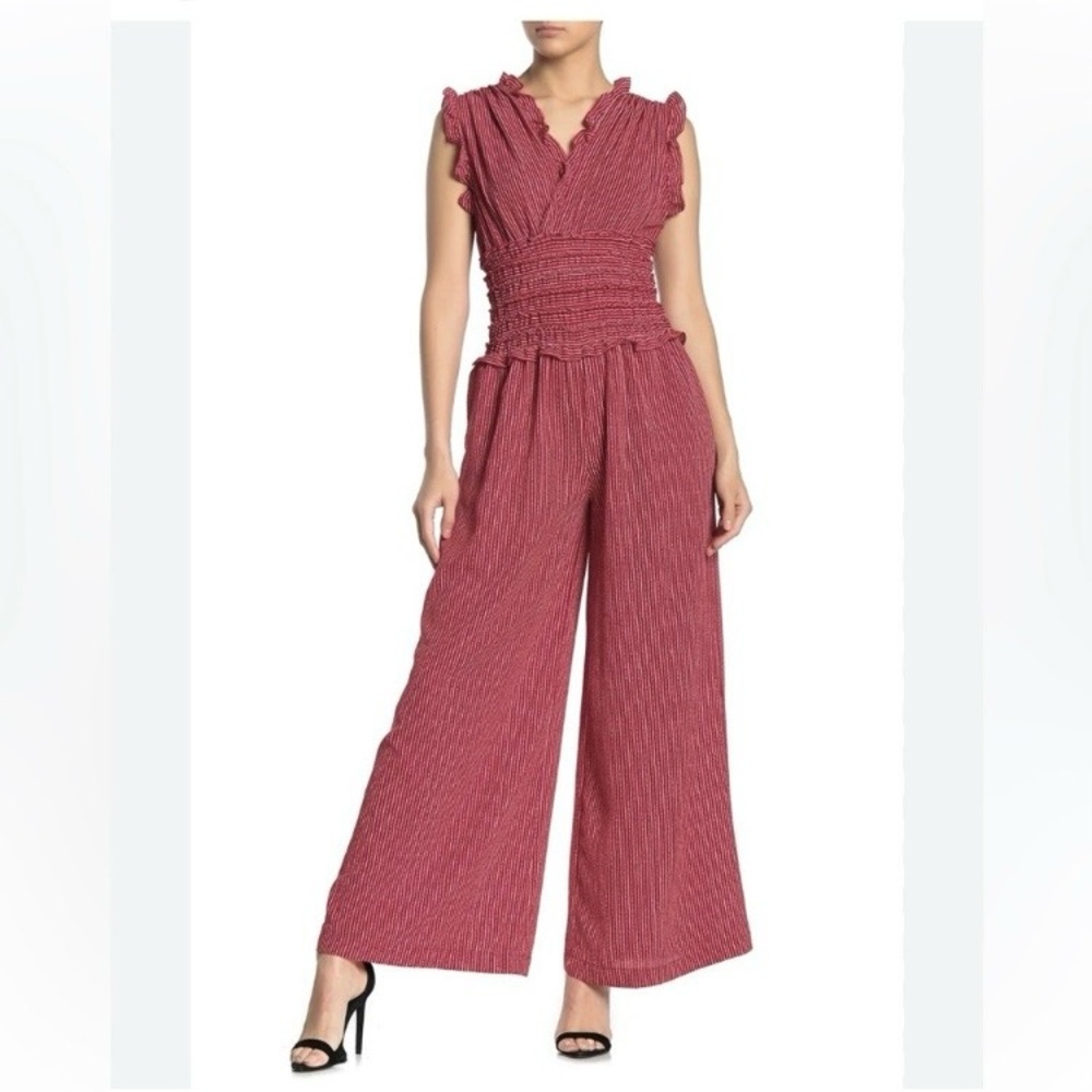 Max Studio Women’s Burgundy Maroon Patterned Smocked Waist Wide Leg Jumpsuit